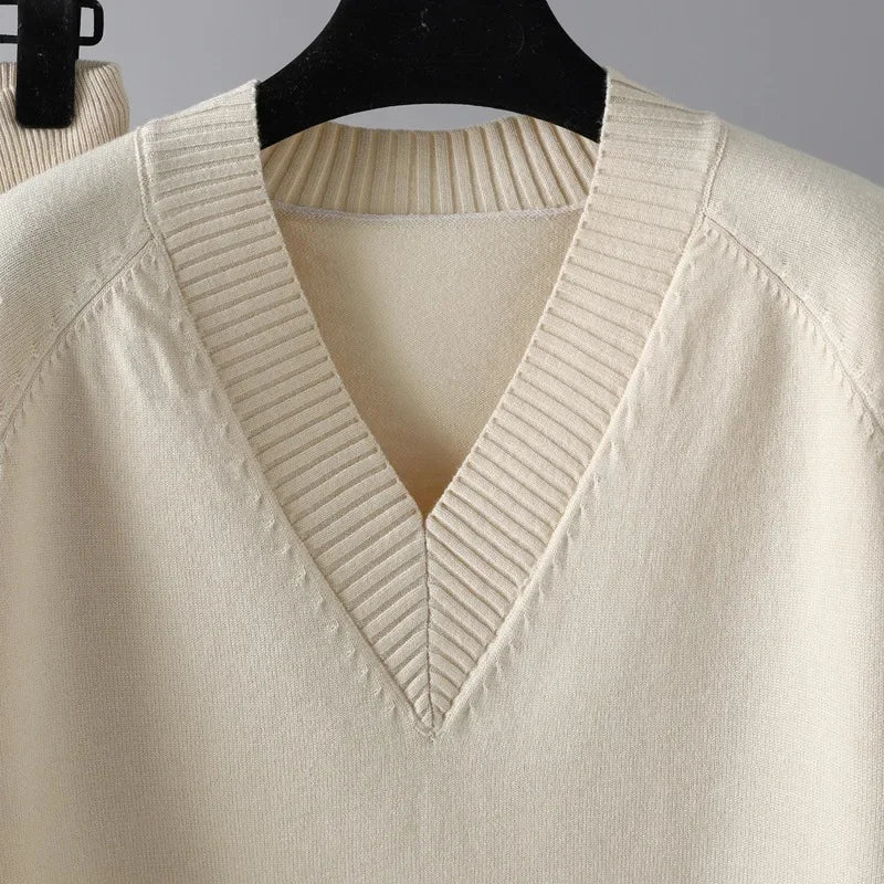 Women's Wool-Knit V-Neck Two Piece Loungewear Set