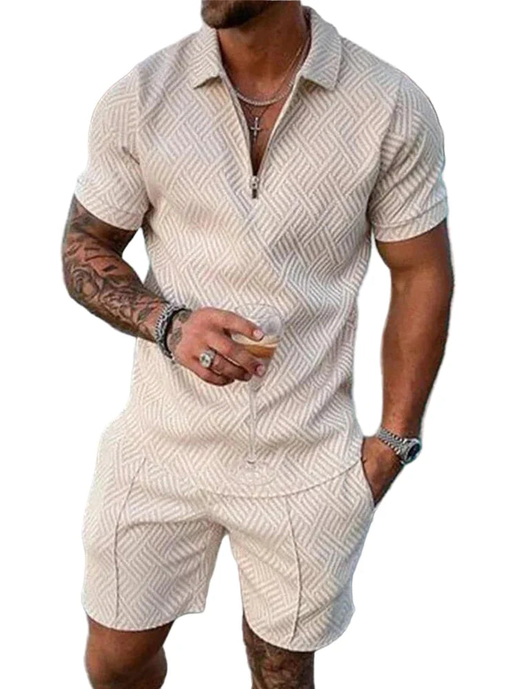 Men's Knit Quarter-Zip Polo Shirt and Shorts Two-Piece Set
