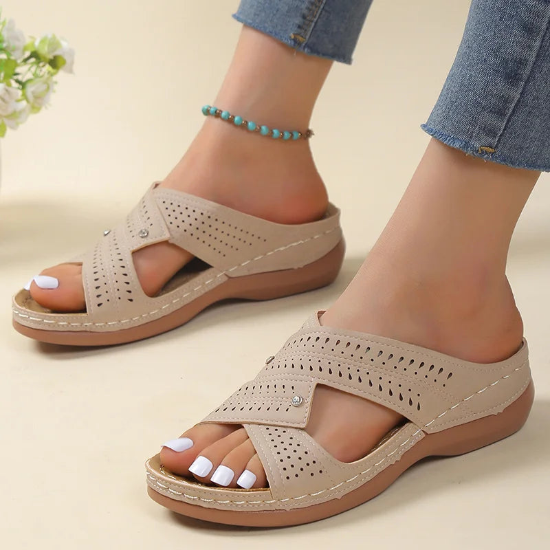 Women's Leather Perforated Crisscross Strap Sandals