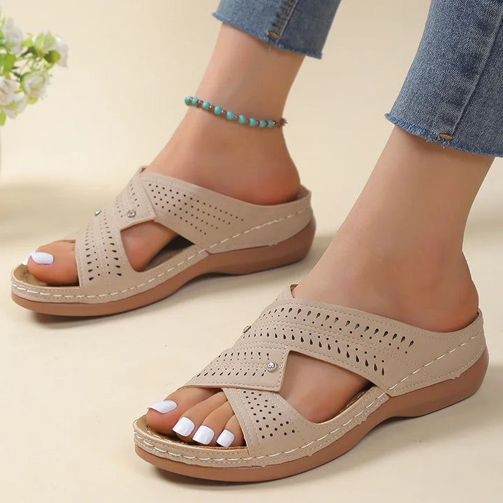 Women's Leather Perforated Crisscross Strap Sandals