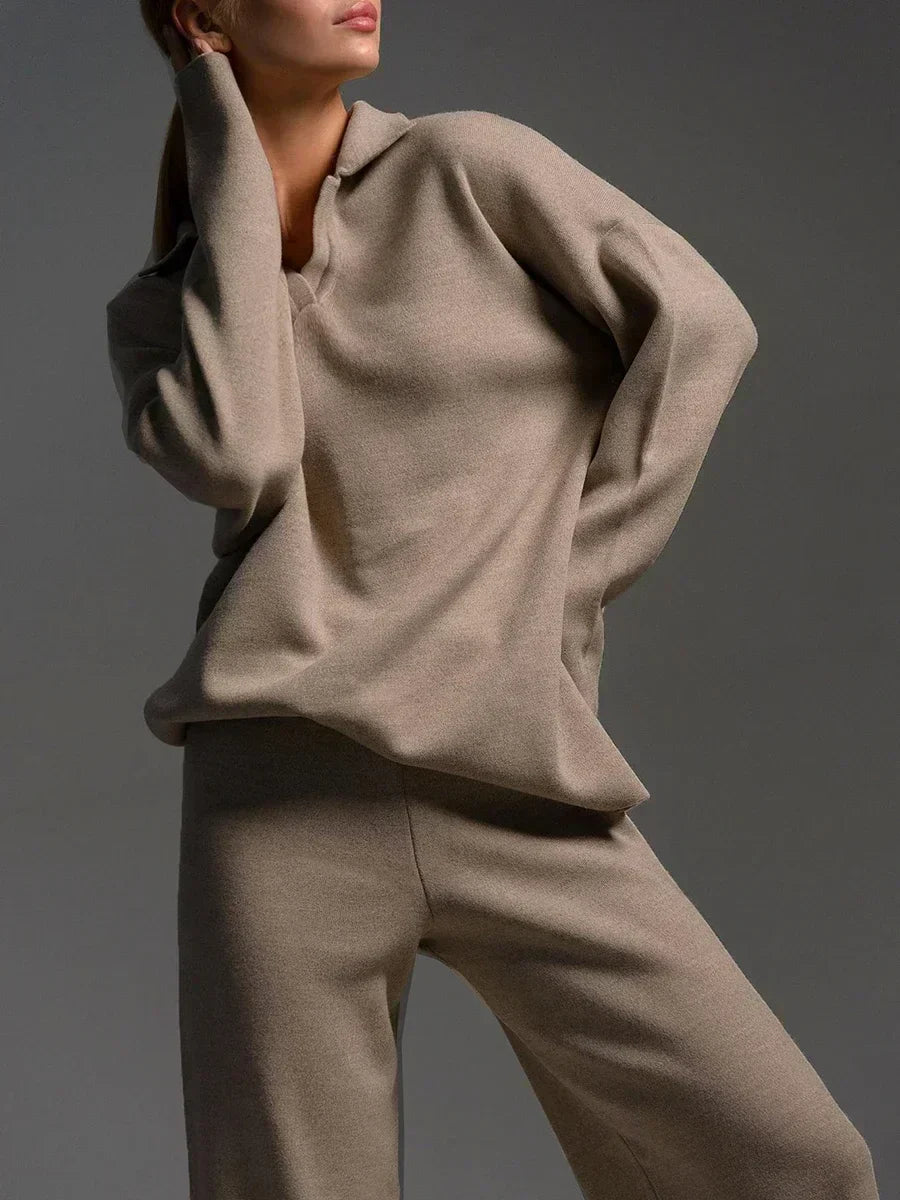 Women's Knit Collar Sweatshirt & Wide Leg Pants Two Piece Set