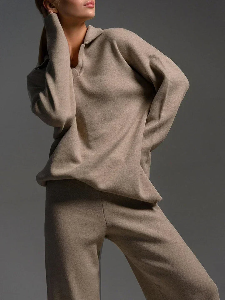 Women's Knit Collar Sweatshirt & Wide Leg Pants Two Piece Set