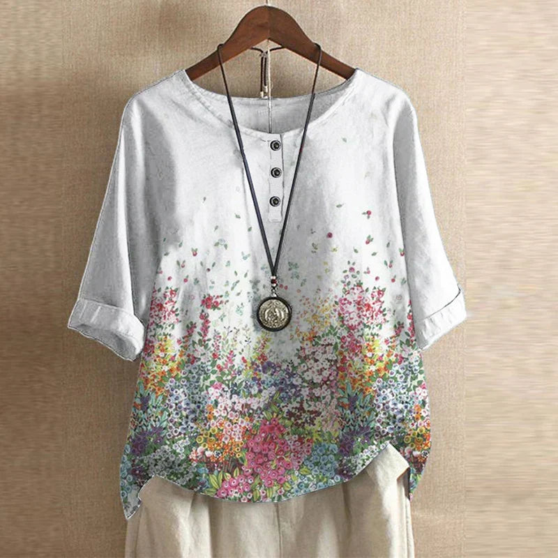 Women's Boho Floral Round Neck 3/4 Sleeve Tunic Blouse Tops