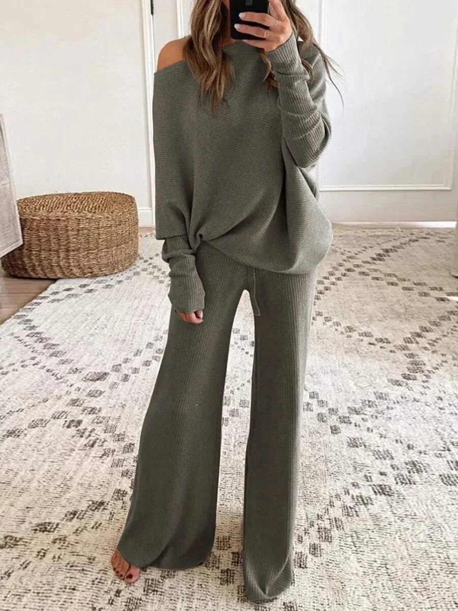 Women's Knit Lounge Set Off-Shoulder Top and Wide Leg Trousers Two Piece Outfit