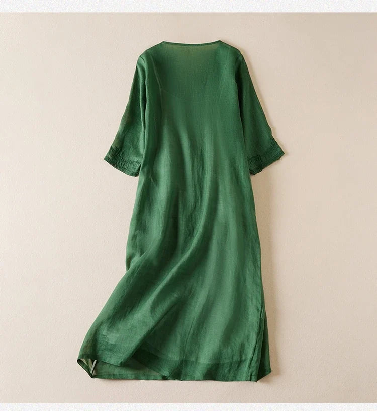 Robe midi imprimée en lin à col en V pour femme