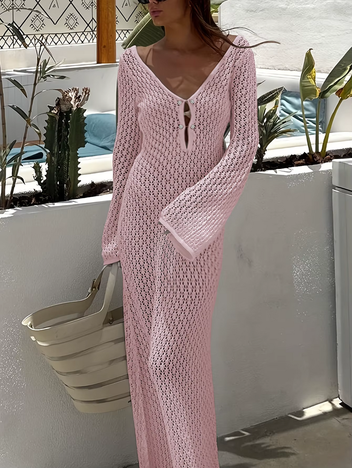 Women’s Knit Crochet Flare Sleeve Maxi Dress Beach Cover Up