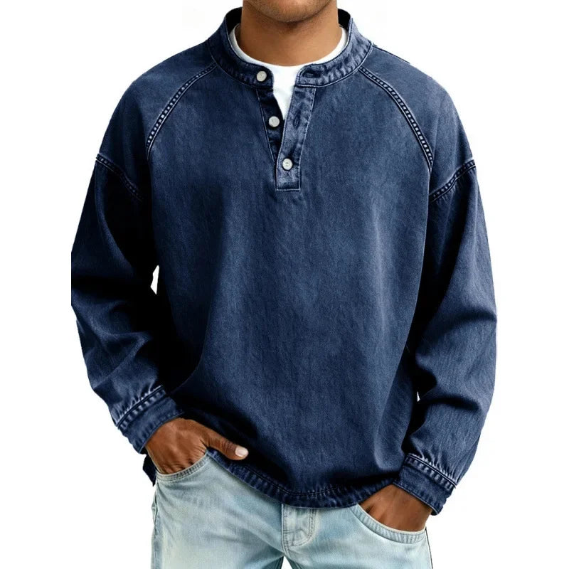 Men’s Denim Henley Collarless Long-Sleeve Shirt