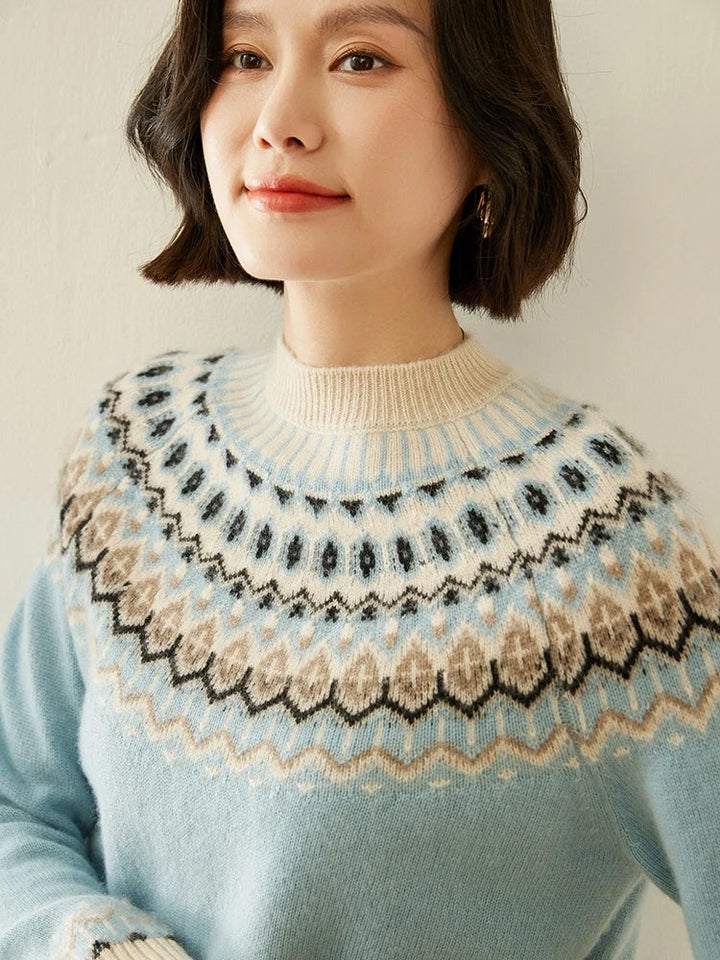 Women's Wool Knit Sweater Pullover Crewneck Fair Isle Knitwear