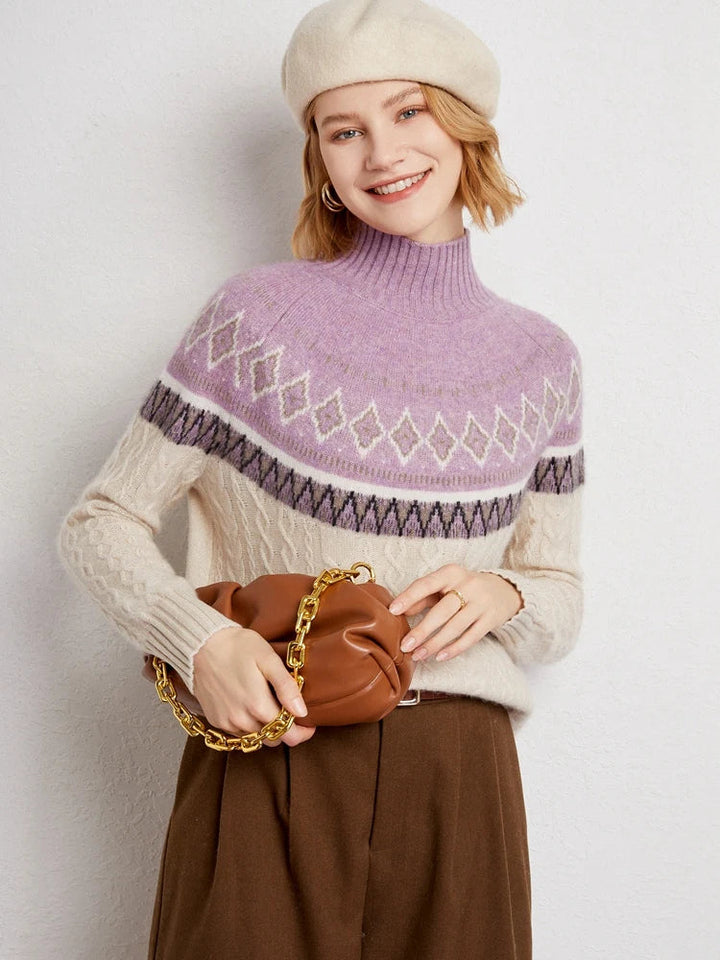 Women's Wool Knit Mock Neck Fair Isle Sweater