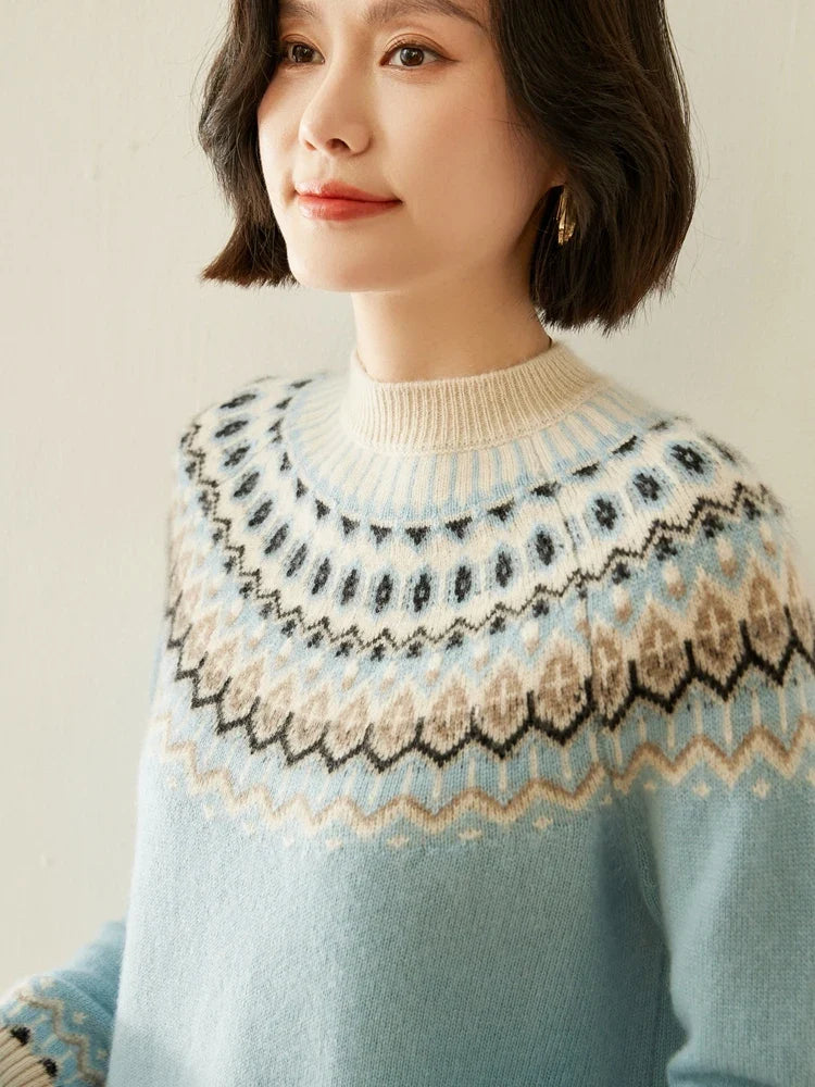 Women's Wool Knit Sweater Pullover Crewneck Fair Isle Knitwear