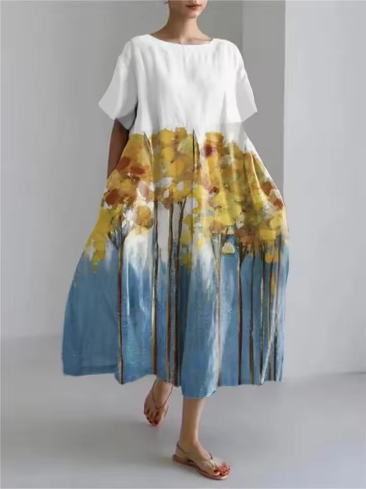 Women's Loose Linen Maxi Dress Short Sleeve Oversized Kaftan