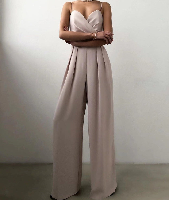 Women's Elegant Wide Leg Sleeveless Satin Jumpsuit Formal Evening Romper
