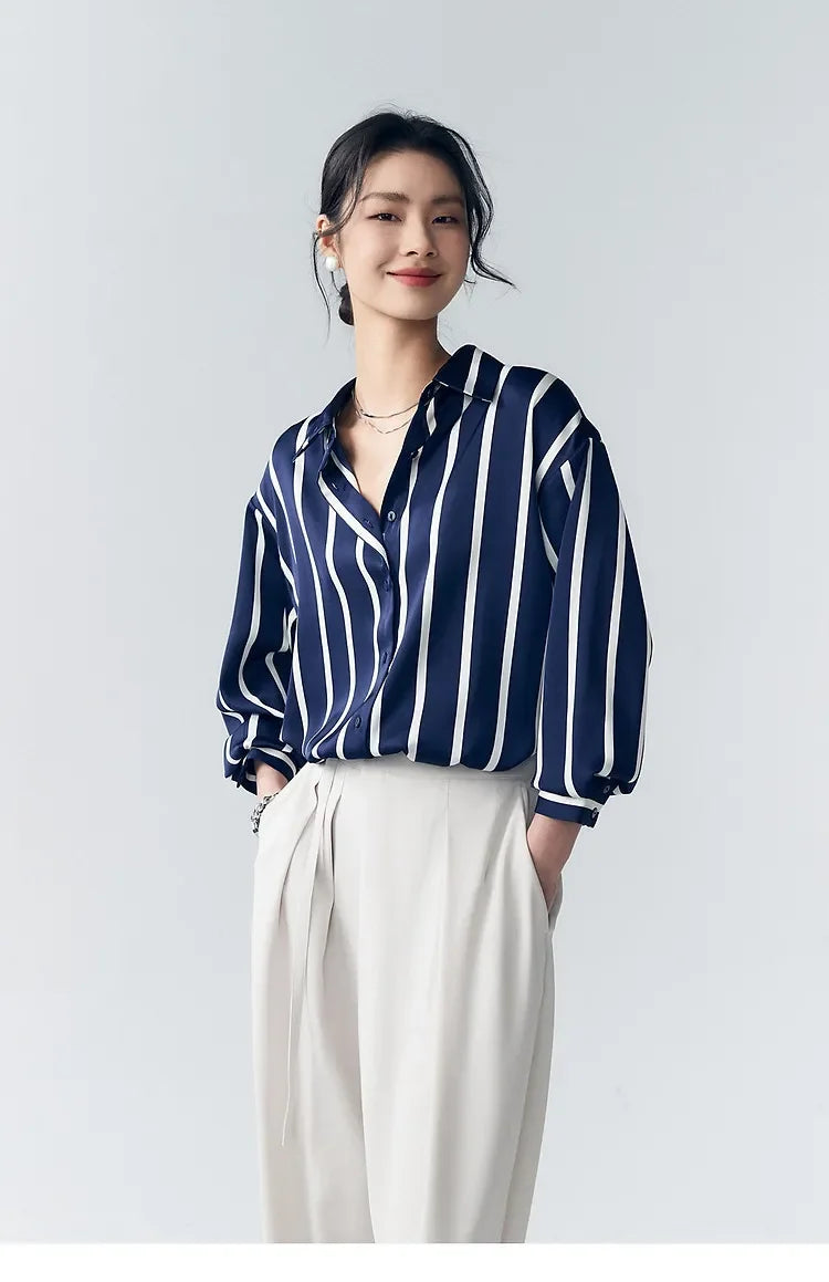 Women's Striped Long Sleeve Linen Shirt Button Up Blouse Tops