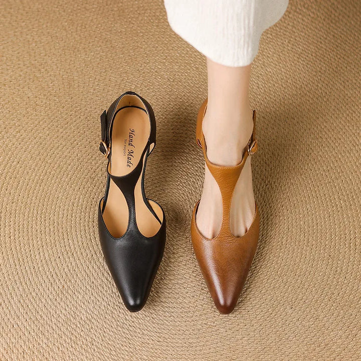 Women's Leather T-Strap High Heels Pointed Toe Pumps Shoes