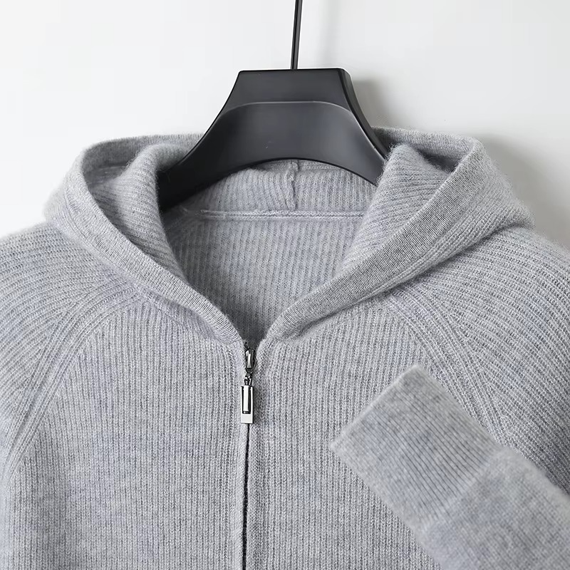 Męska bluza z kapturem, w pełni rozpinana, z dzianiny z wełny merino, typu sweter kurtka