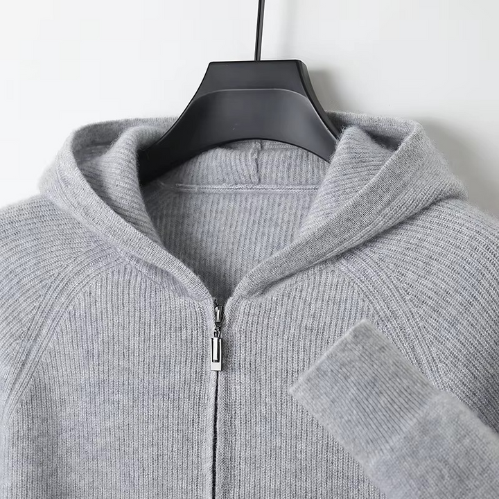 Męska bluza z kapturem, w pełni rozpinana, z dzianiny z wełny merino, typu sweter kurtka