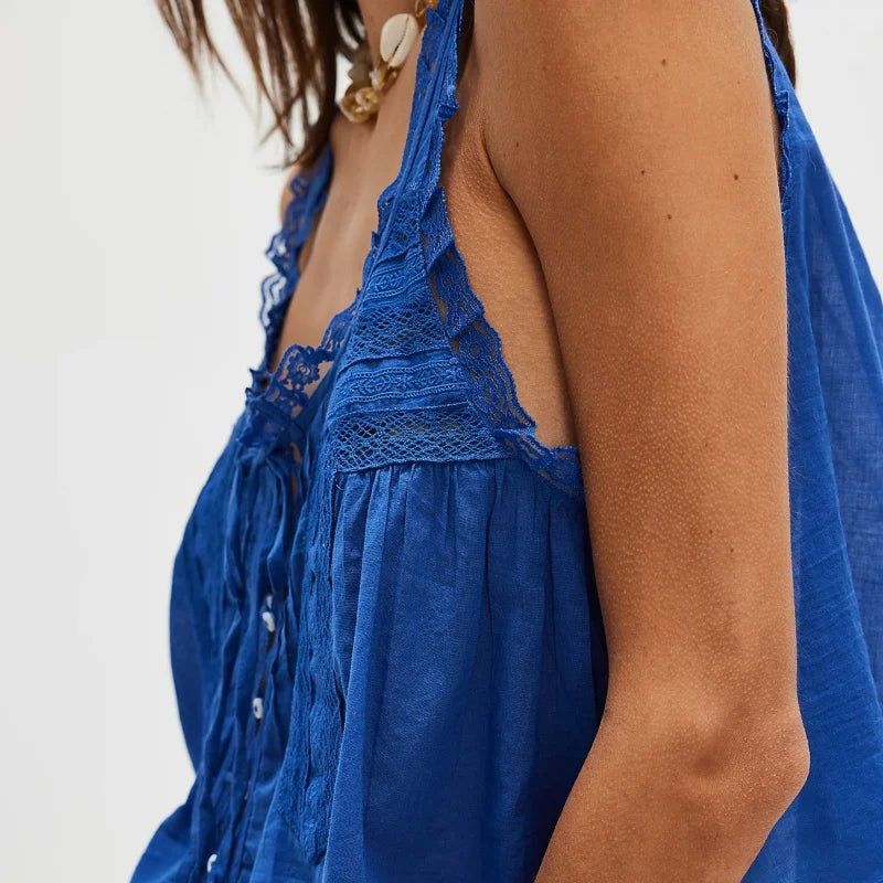 Women's Linen Blend Sleeveless Lace Tank Top Cami Blouse