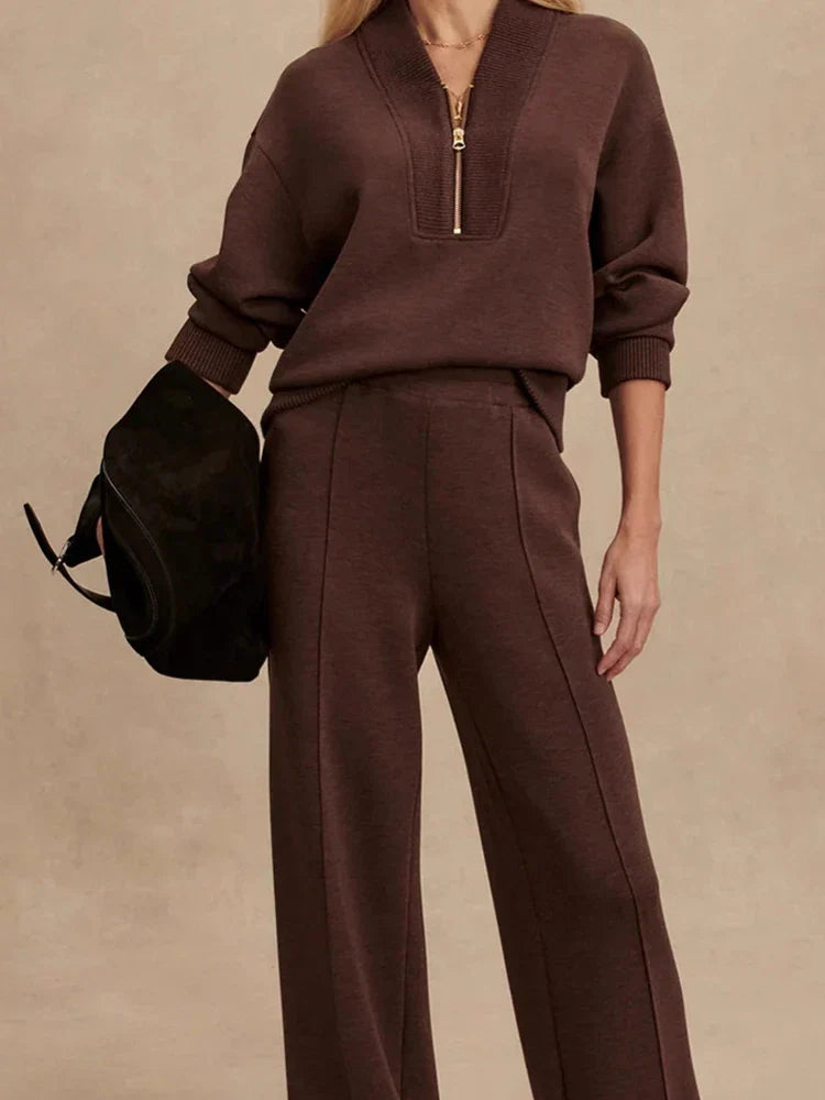 Women’s Knit Zip-Neck Pullover & Wide-Leg Trouser