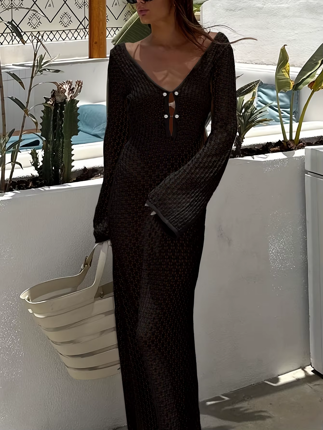 Women’s Knit Crochet Flare Sleeve Maxi Dress Beach Cover Up