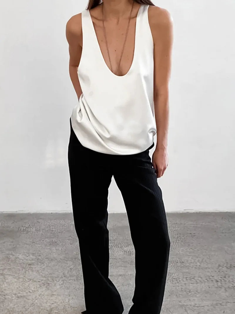 Women's Satin Sleeveless Scoop Neck Tank Top 