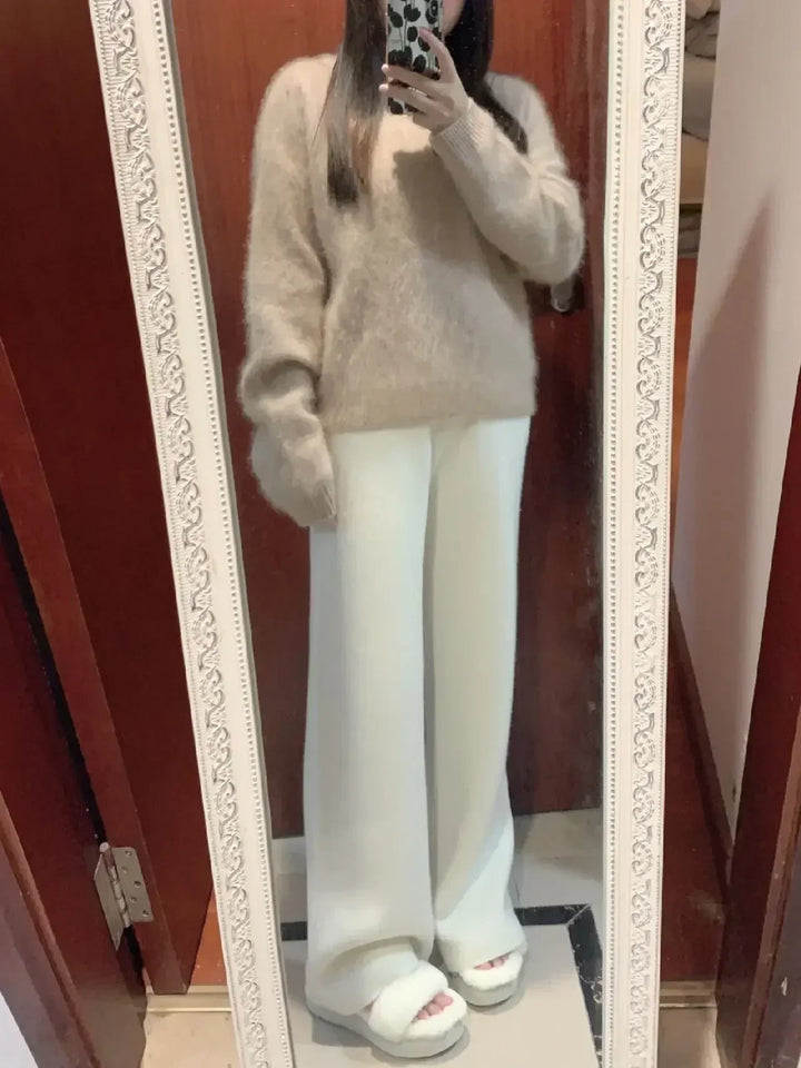 Women's Knit Wide Leg Trousers Wool Mix High Waisted Pants