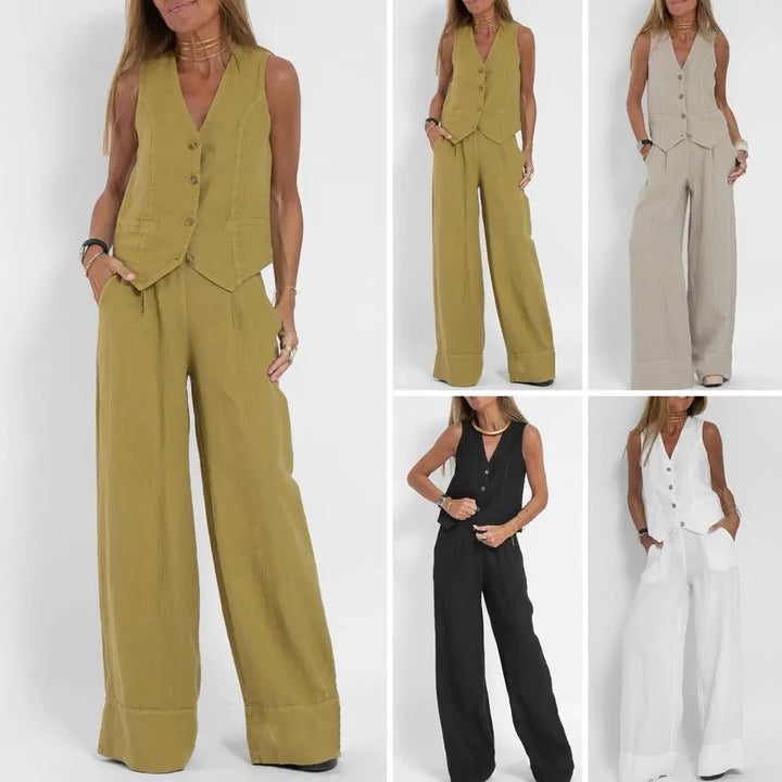 Women's Linen Waistcoat & Wide Leg Trousers Two-Piece Set