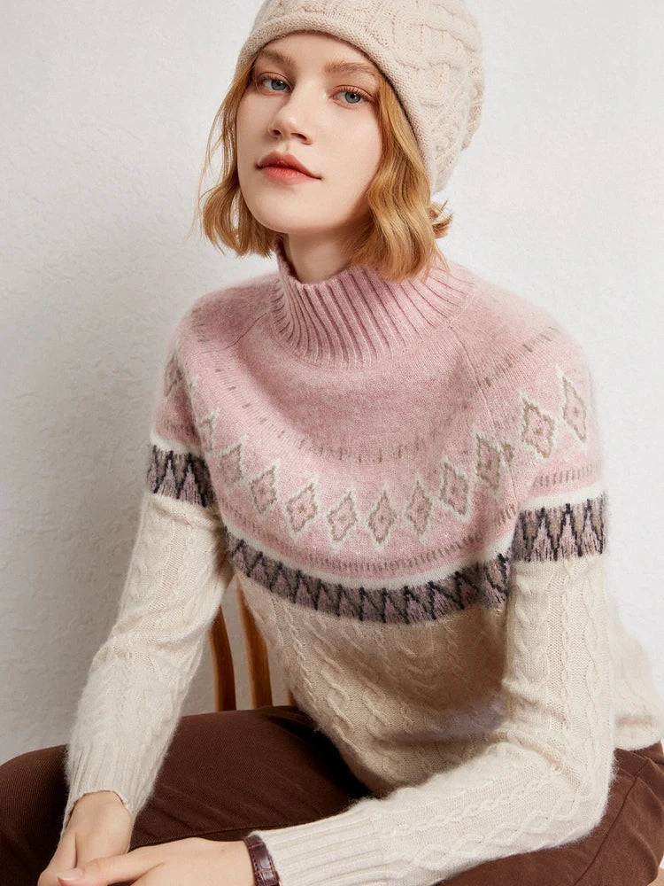 Women's Wool Knit Mock Neck Fair Isle Sweater