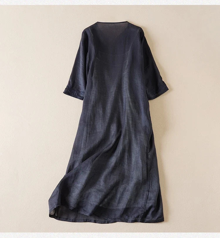 Robe midi imprimée en lin à col en V pour femme