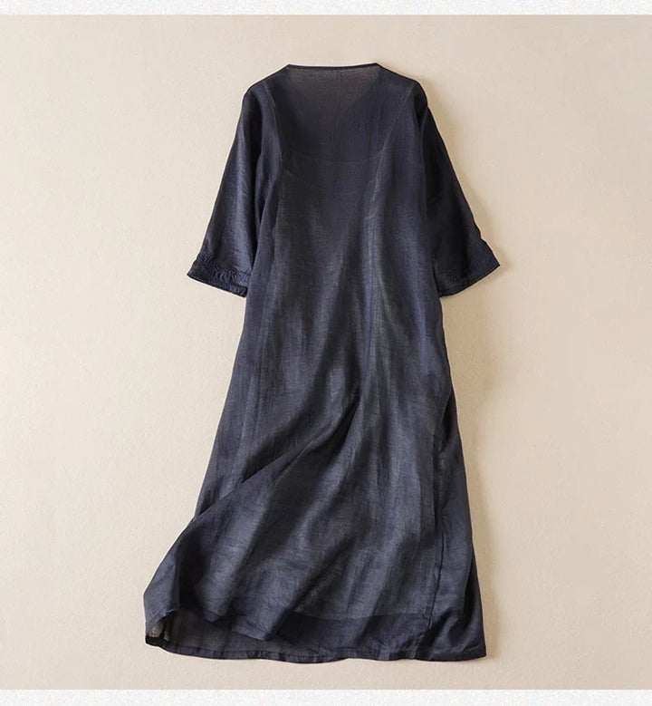 Robe midi imprimée en lin à col en V pour femme