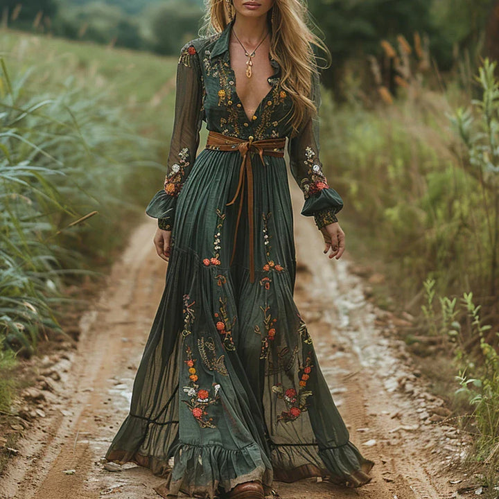 Women's Chiffon Embroidered Long Sleeve Maxi Dress Boho V-Neck Flowy Gown