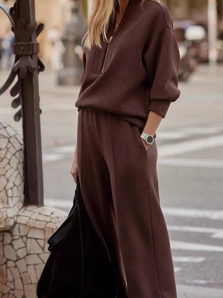 Women’s Knit Zip-Neck Pullover & Wide-Leg Trouser