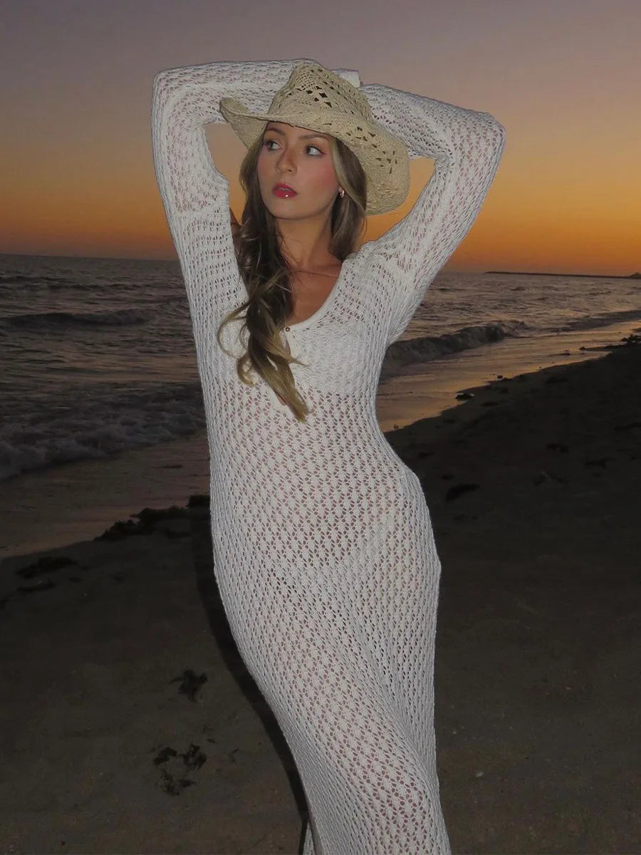 Women’s Knit Crochet Flare Sleeve Maxi Dress Beach Cover Up