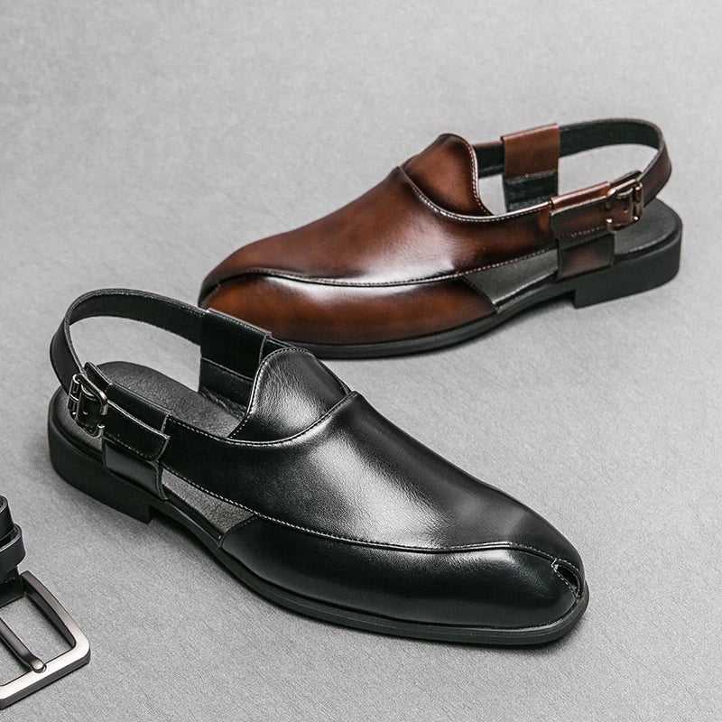 Męskie skórzane półbuty wizytowe typu slingback, wygodne mokasyny, sandały