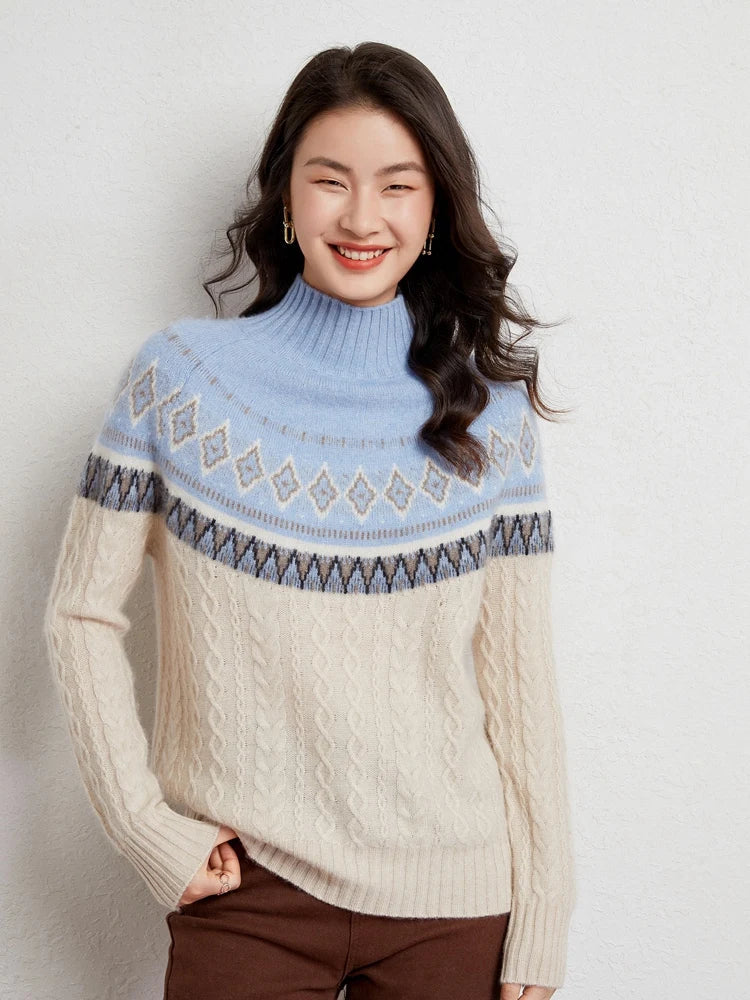 Women's Wool Knit Mock Neck Fair Isle Sweater