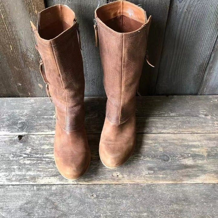 Women’s Leather Pull On Mid Heel Calf Boots