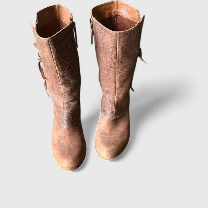 Bottes pour femmes en cuir, talon bas, fermeture éclair, bout rond, mi-mollet