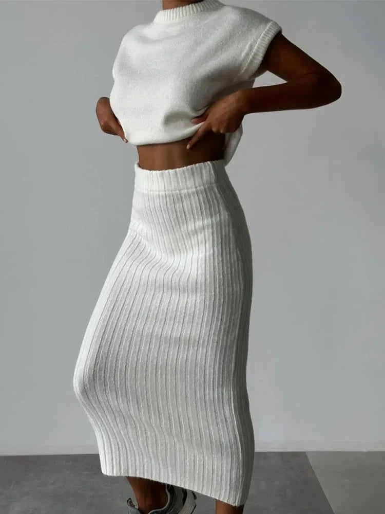 Women Knit Midi Skirt and Short Sleeve Top Two- Piece Set