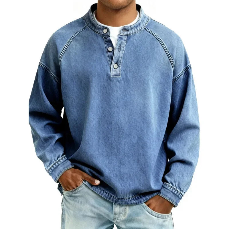 Men’s Denim Henley Collarless Long-Sleeve Shirt