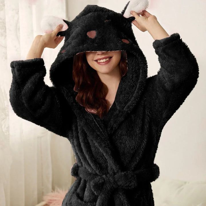 Women's Fleece Hooded Dressing Gown Bathrobe