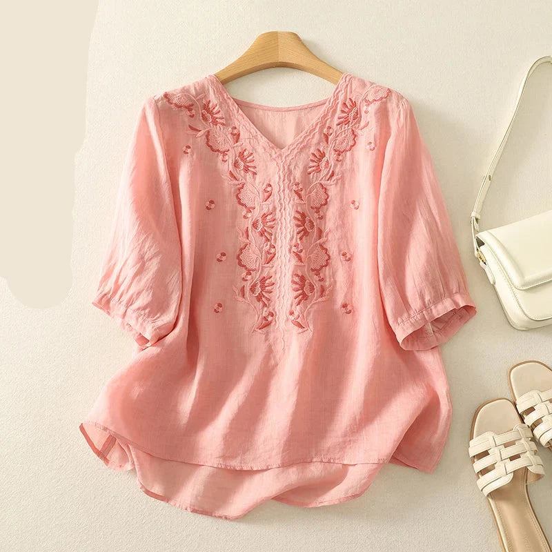 Women's Linen Embroidered Blouse V-Neck Casual Short Sleeve Top