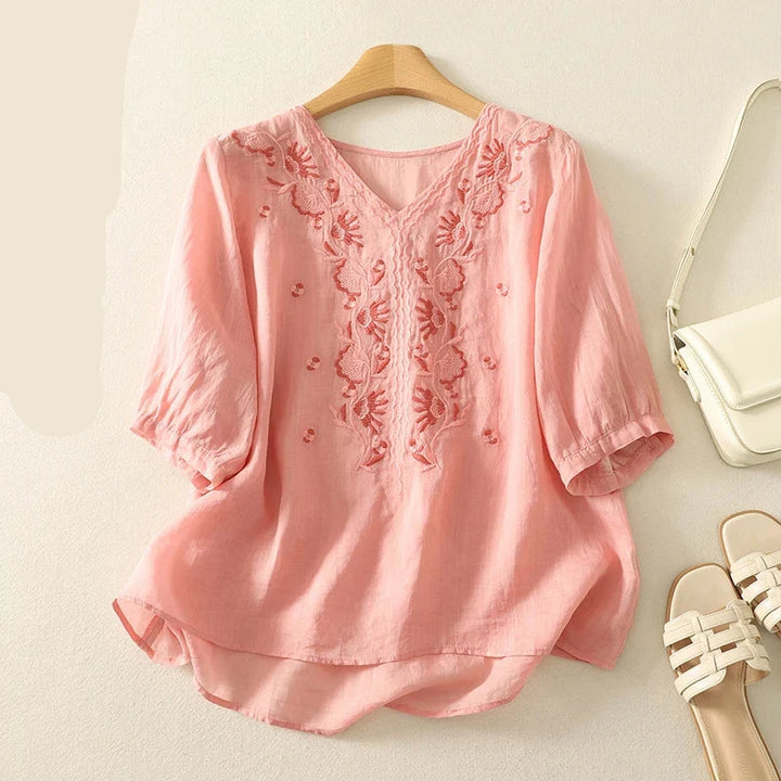 Women's Linen Embroidered Blouse V-Neck Casual Short Sleeve Top