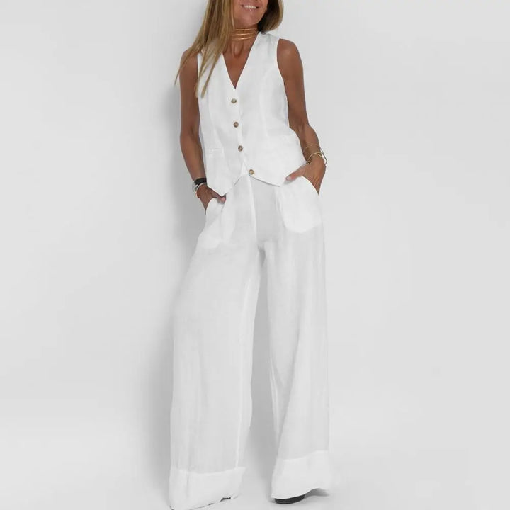 Women's Linen Waistcoat & Wide Leg Trousers Two-Piece Set