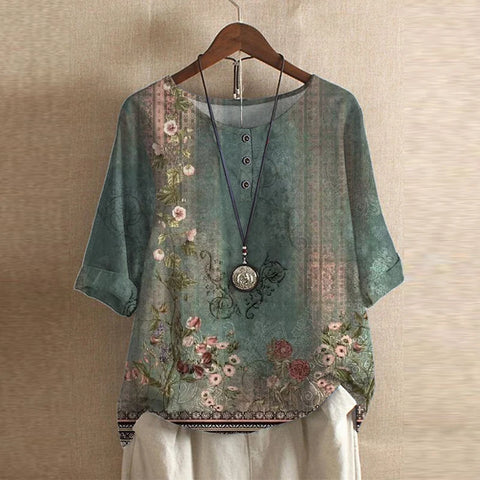 Women's Boho Floral Round Neck 3/4 Sleeve Tunic Blouse Tops