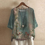 Women's Boho Floral Round Neck 3/4 Sleeve Tunic Blouse Tops