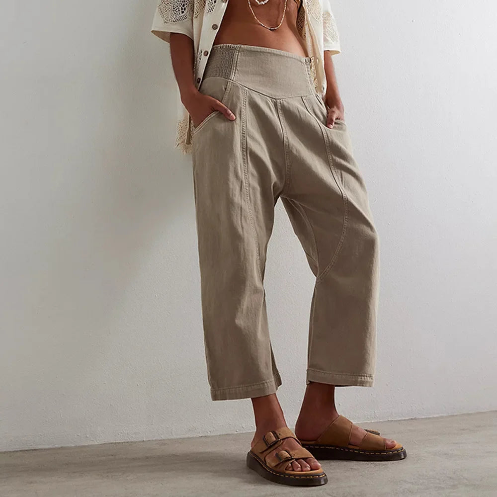 Women's Denim Wide Leg Trousers Cropped Pants