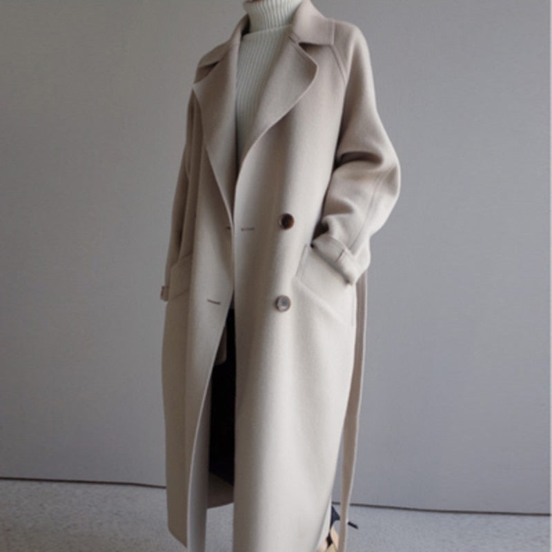 Women Wool Overcoat Long Trench Coat With Belt