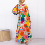 Women Linen Floral A-Line Long Sleeve Maxi Dress