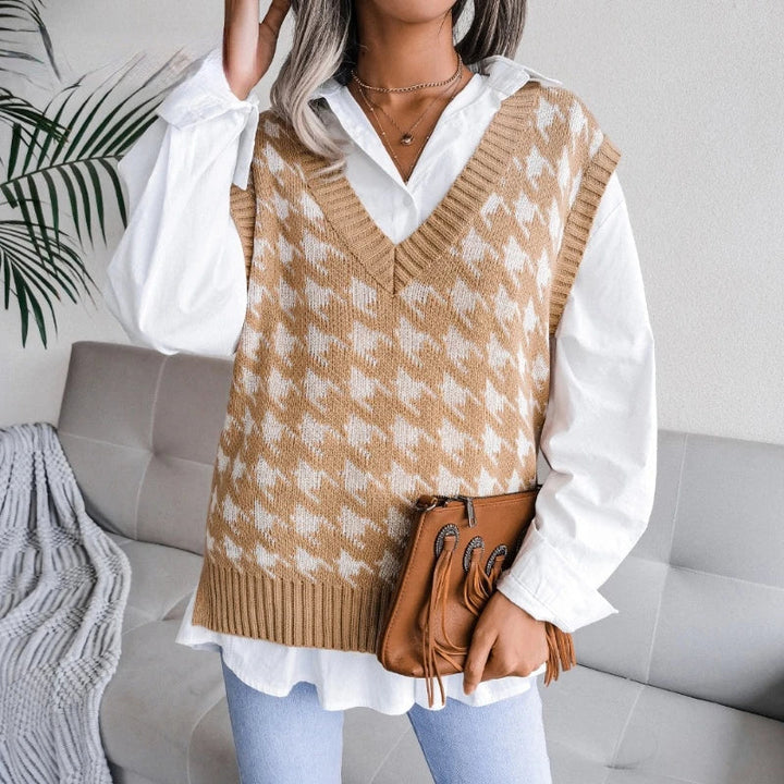 Women's Houndstooth Knit Sweater Vest V-Neck Sleeveless Pullover