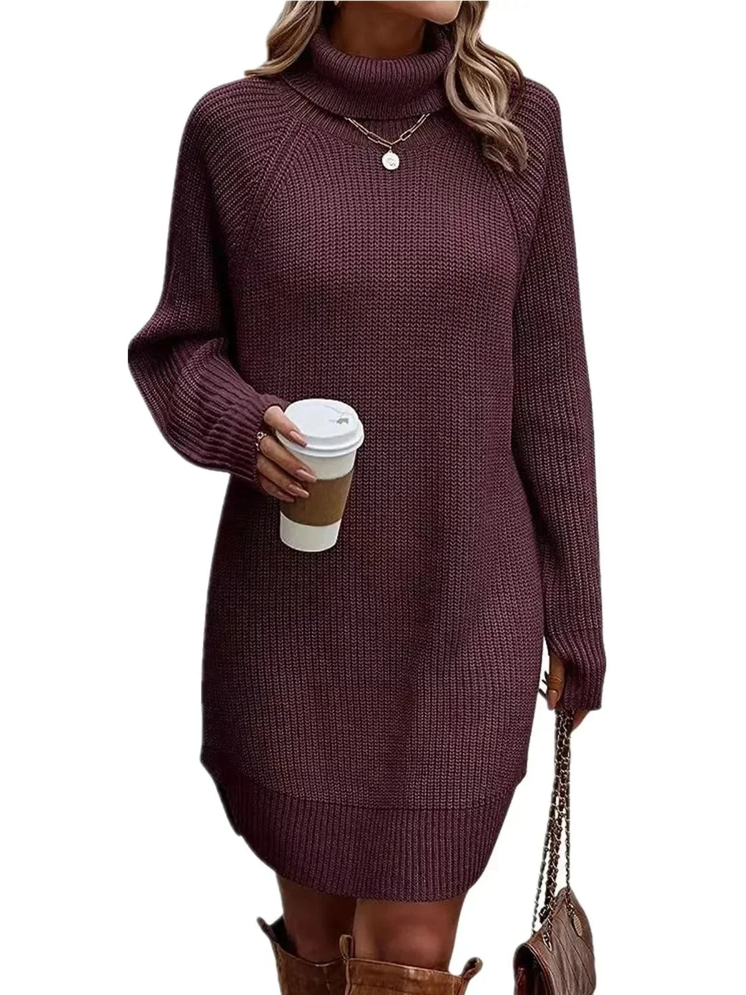 Women’s Ribbed Knit Turtleneck Long-Sleeve Mini Sweater Dress