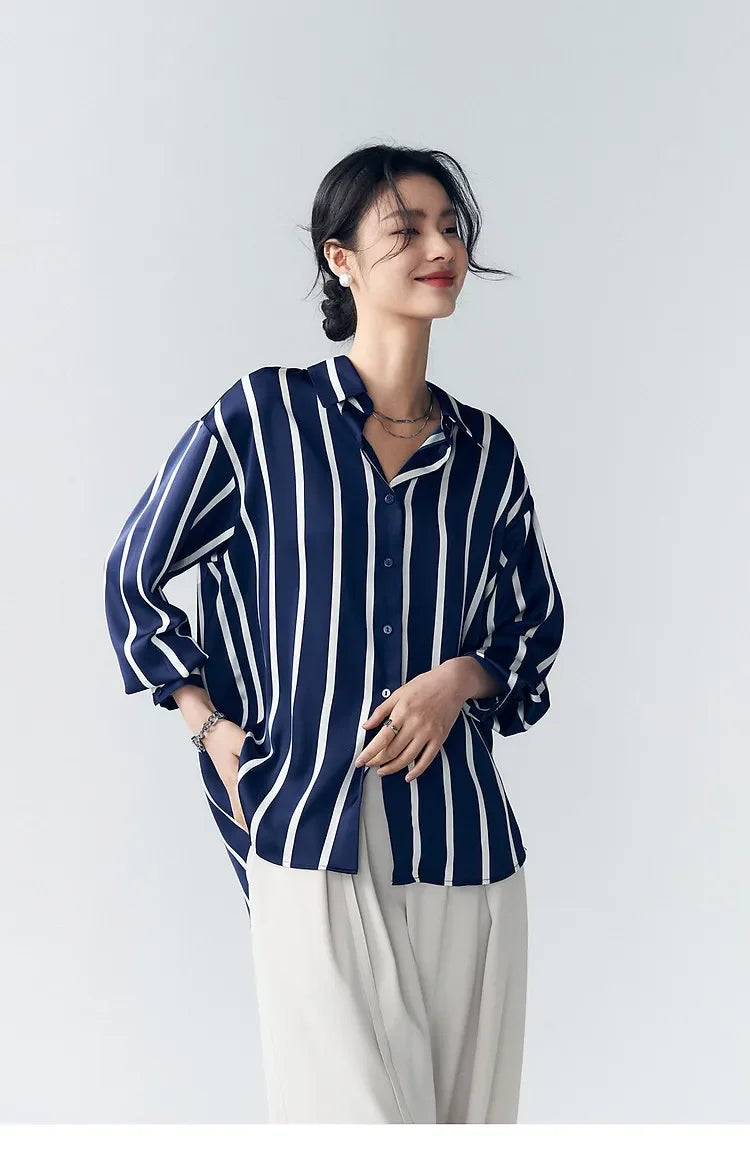 Women's Striped Long Sleeve Linen Shirt Button Up Blouse Tops